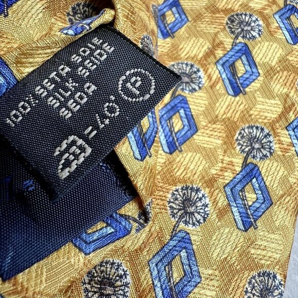 Ermenegildo Zegna 100% Silk Yellow Gold & Blue Diamond Shapes w/ Dandelions Tie - Picture 7 of 12